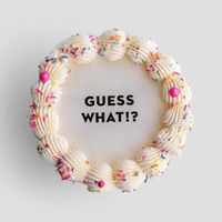 The Burn Away Cake by Jenna Rae Cakes is a round cake with white frosting, colorful sprinkles, pink candy pearls, and GUESS WHAT!? boldly written in black letters at the center.