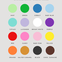 A chart titled Burn Away Cake Colour Guide from Jenna Rae Cakes displays 16 colored circles labeled: Mint, Green, Cobalt, Baby Blue, Tiffany, Lavender, Bright White, Purple, Red, Candy, Baby Pink, Yellow, Orange, Salted Caramel, Black and Choc. Ganache.