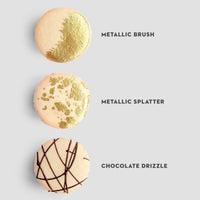 Three Jenna Rae Cakes Custom Single Macaron Bags on a light gray background: the top has a gold brushed design, the middle features gold splatter, and the bottom displays chocolate drizzle in a crisscross pattern, each labeled.