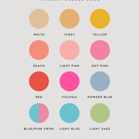 A chart titled “Macaron Colour Guide” from Jenna Rae Cakes’ Macaron Towers shows 12 colored circles: White, Ivory, Yellow, Peach, Light Pink, Hot Pink, Red, Fuchsia, Powder Blue, Blue/Pink Swirl, Light Blue, and Light Sage.