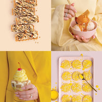 A collage of four images from Jenna Rae Cakes at Home Cookbook by Jenna Rae Cakes: chocolate-drizzled nut bars, a person in yellow with ice cream, another with a whipped-cream dessert and cherry, and glazed lemon cookies.