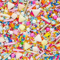 JRC Candy Sprinkles by Jenna Rae Cakes feature a vibrant mix of rods, balls, stars, triangles, and discs in pastel and bright pink, yellow, blue, orange, white, and silver for a festive touch.