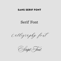 Image showing the phrases SANS SERIF FONT, Serif Font, calligraphy font, and Script Font in matching styles on a light gray background, representing the Macaron Message Gift Box by Jenna Rae Cakes.