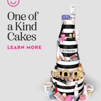 A tiered cake adorned with makeup and skincare in Sephora packaging, plus brushes and cosmetics. Text: One-of-a-Kind Cakes by Jenna Rae Cakes. Learn More. Smiling face logo in top left corner.