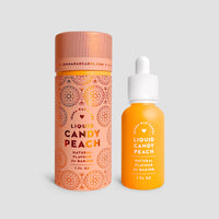 A peach tube and a dropper bottle labeled Jenna Rae Cakes Liquid Candy Peach sit against a light gray background, both adorned with decorative patterns.