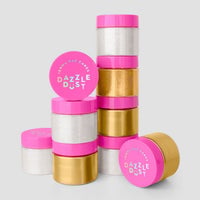Three 20g containers of Jenna Rae Cakes 24k Magic Edible Glitter are stacked against a light gray background, each filled with shimmering gold and silver powders.