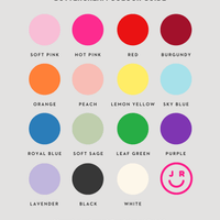 The Burn Away Cake by Jenna Rae Cakes includes a buttercream colour guide with 16 circles: soft pink, hot pink, red, burgundy, orange, peach, lemon yellow, sky blue, royal blue, soft sage, leaf green, purple, lavender, black, white and a pink smiley face.