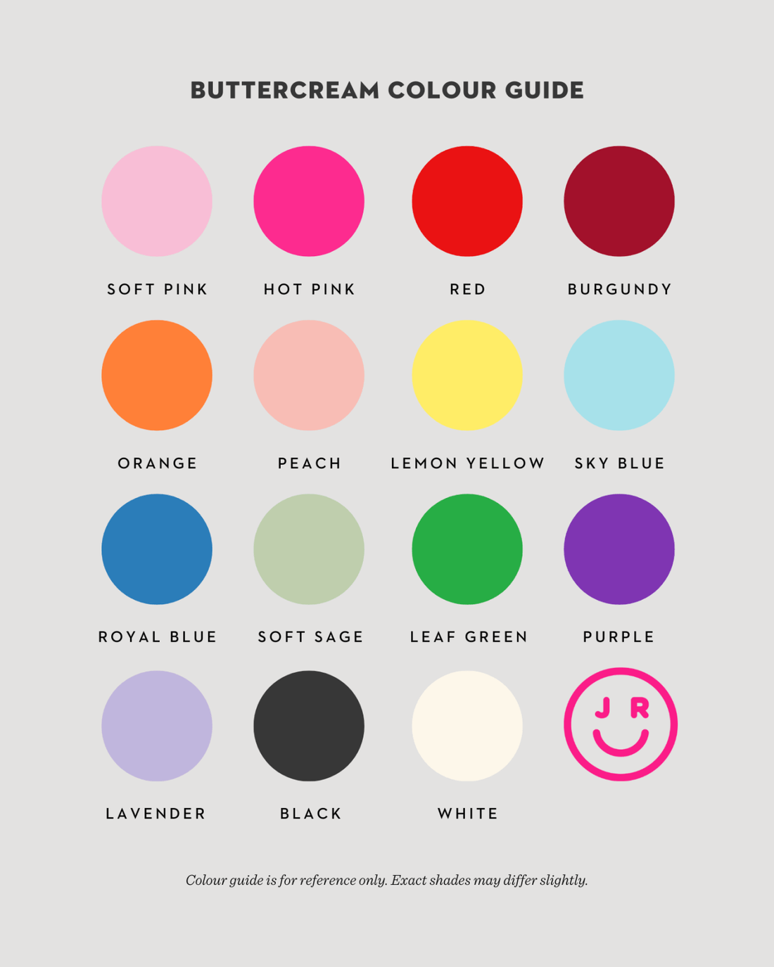 The Burn Away Heart Cake by Jenna Rae Cakes features a buttercream color guide with 16 labeled circles: soft pink, hot pink, red, burgundy, orange, peach, lemon yellow, sky blue, royal blue, soft sage, leaf green, purple, lavender, black, white and a smiley face J R pink circle.