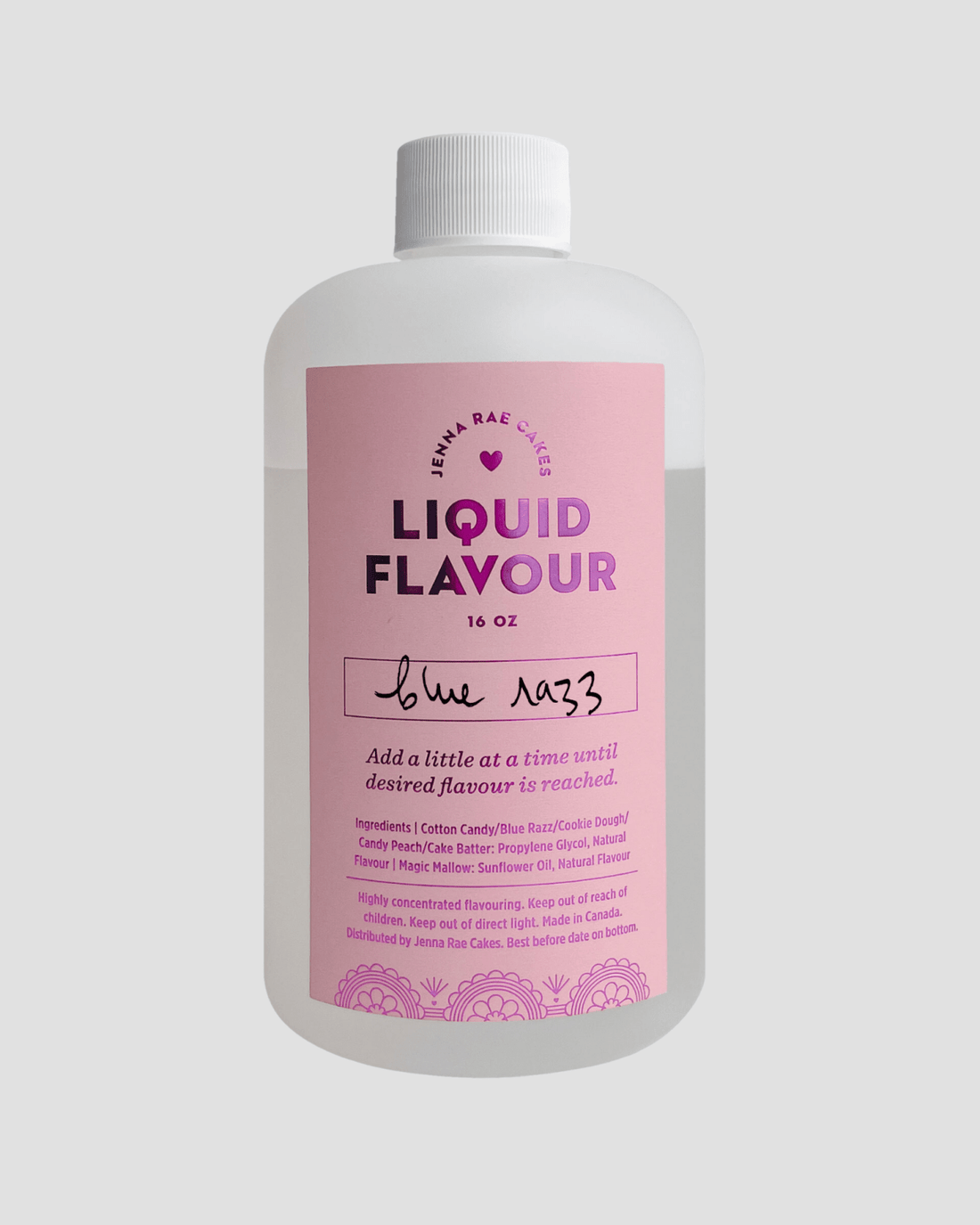 A 16 oz bottle of Jenna Rae Cakes Commercial Liquid Blue Razz with a pink label. The flavor is handwritten as blue razz, with ingredients and usage instructions below. Background is light gray.