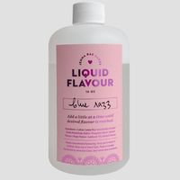 A 16 oz bottle of Jenna Rae Cakes Commercial Liquid Blue Razz with a pink label. The flavor is handwritten as blue razz, with ingredients and usage instructions below. Background is light gray.
