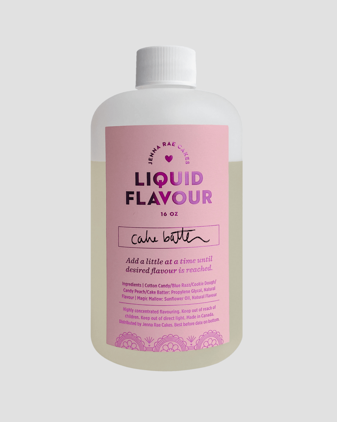 A 16oz bottle of Jenna Rae Cakes Commercial Liquid Cake Batter, with a pink and white label and ingredient list. Instructions: add gradually until the desired cake batter flavor is achieved.