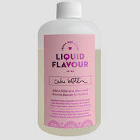 A 16oz bottle of Jenna Rae Cakes Commercial Liquid Cake Batter, with a pink and white label and ingredient list. Instructions: add gradually until the desired cake batter flavor is achieved.