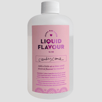 A white bottle with a pink label reads Jenna Rae Cakes Commercial Liquid Candy Cane - 16 fl oz with a handwritten space for candy cane, ingredients listed, and floral graphics along the bottom.