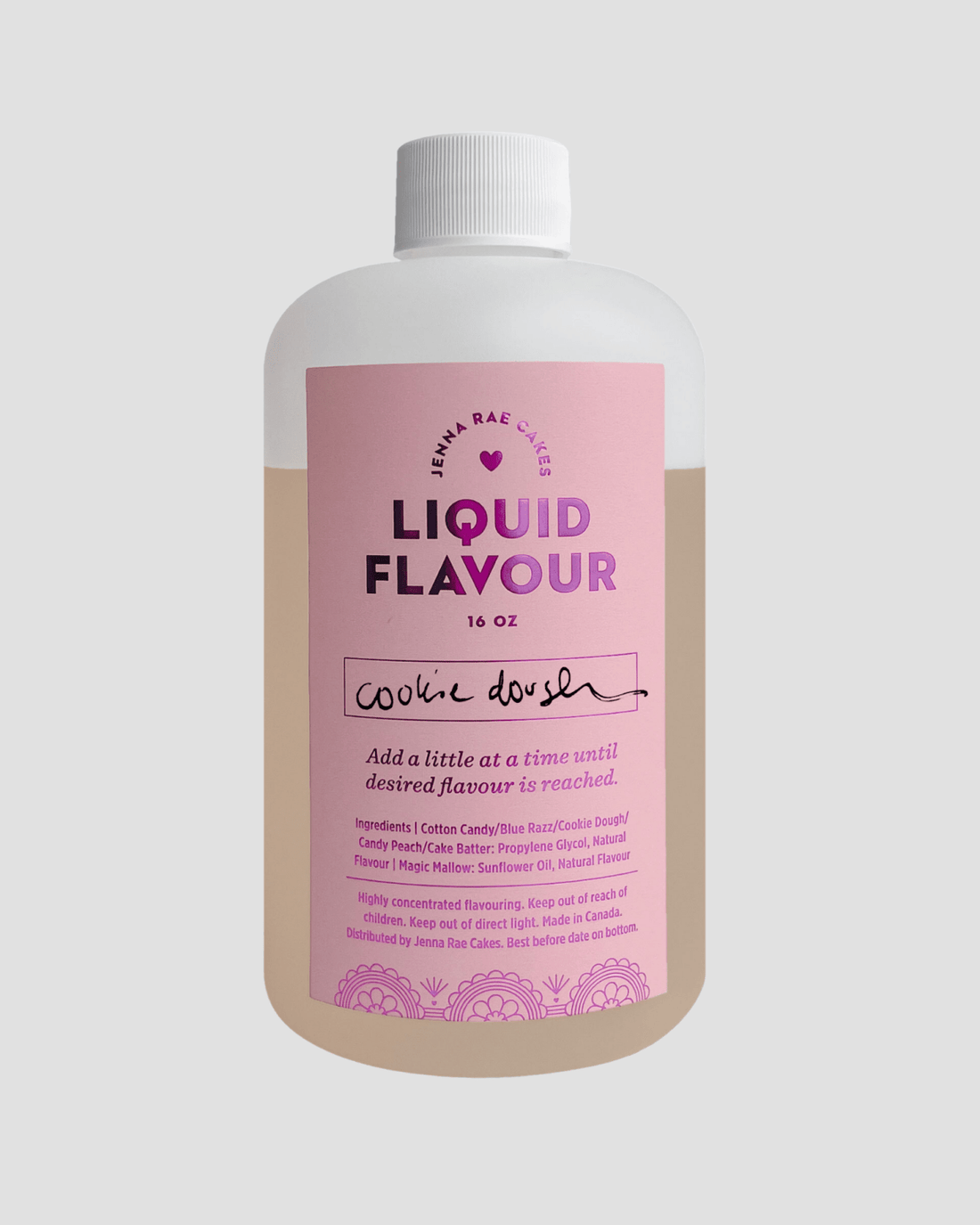 A 16 fl oz bottle of Jenna Rae Cakes Commercial Liquid Cookie Dough features a pink label with black and purple text, a white cap, and an ingredient list at the bottom.