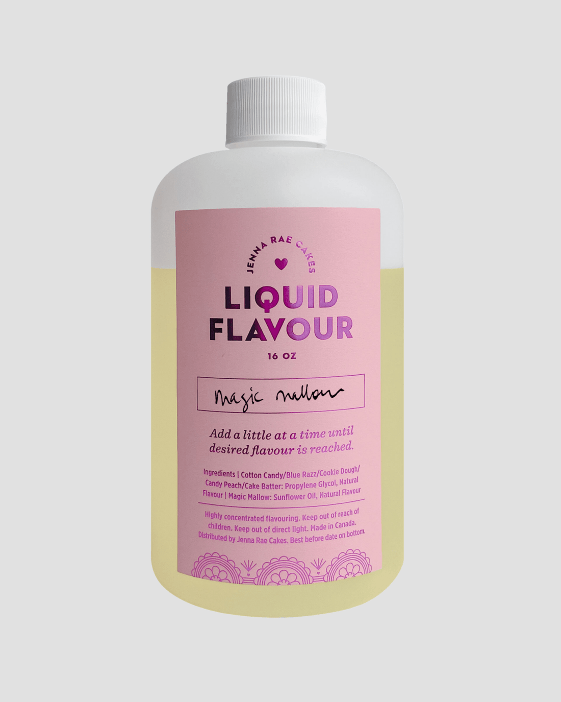 A clear 16 oz bottle with a white cap holds yellow liquid. The pink label reads Jenna Rae Cakes Commercial Liquid Magic Mallow with product and ingredient details below.