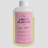 A clear 16 oz bottle with a white cap holds yellow liquid. The pink label reads Jenna Rae Cakes Commercial Liquid Magic Mallow with product and ingredient details below.
