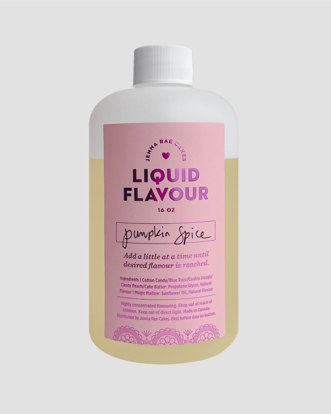 A clear plastic bottle with a pink label reads Jenna Rae Cakes Commercial Liquid Pumpkin Spice - 1 Bottle (16 fluid ounces) in bold, with usage instructions and ingredients listed below in smaller text.