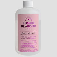 A 16 oz white bottle from Jenna Rae Cakes with a pink label reading LIQUID FLAVOUR and Red Velvet handwritten below, listing ingredients and usage instructions plus floral designs at the bottom. Product: Commercial Liquid Red Velvet.