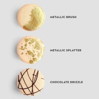 Three Jenna Rae Cakes Custom Single Macaron Bags on a light gray background: the top has a gold brushed design, the middle features gold splatter, and the bottom displays chocolate drizzle in a crisscross pattern, each labeled.