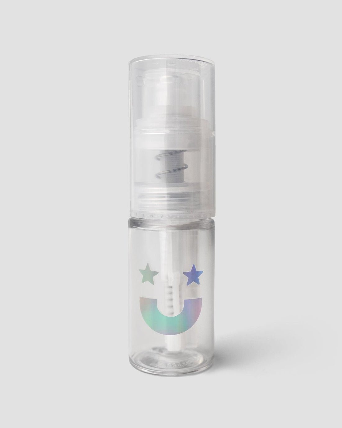 A set of 6 clear plastic Dazzle Dust Pump and Funnel bottles by Jenna Rae Cakes, each with a pump top and holographic smiley face with two stars, shown on a plain light gray background.