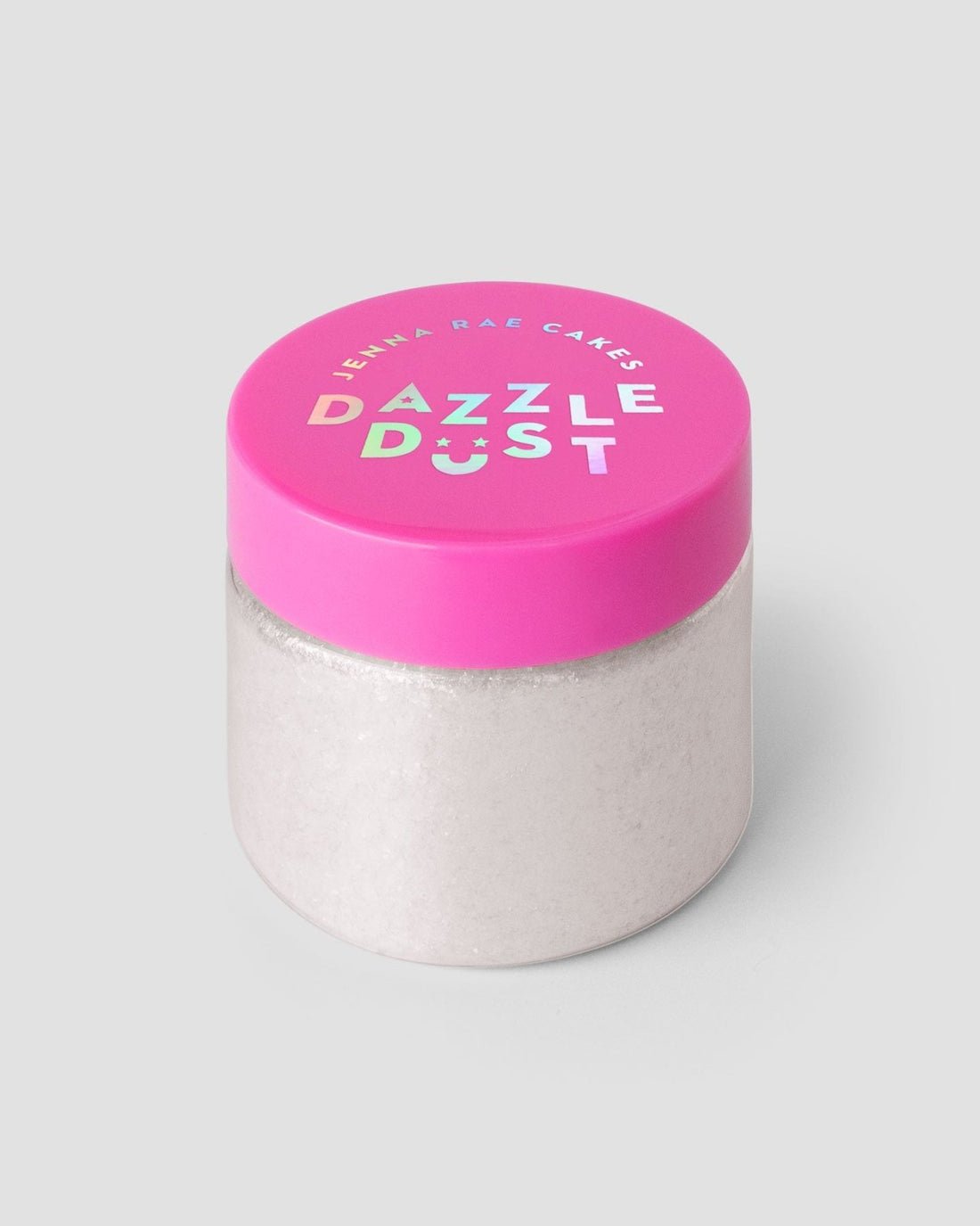 A clear container with a bright pink lid labeled Jenna Rae Cakes sits against a light gray background, filled with Diamond Edible Glitter—a fine, shimmery white powder—sold in 20g containers, package of 3.