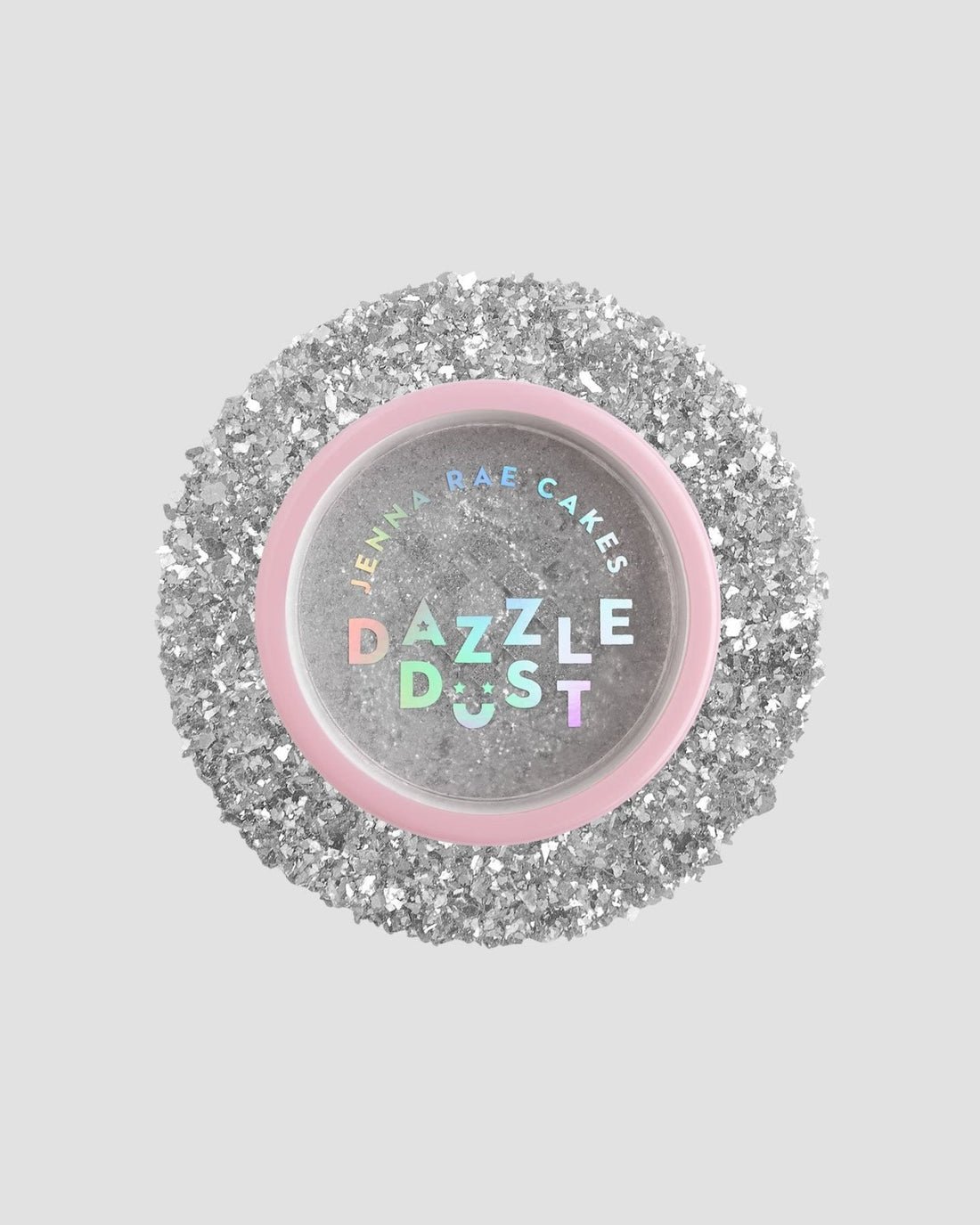 A round Jenna Rae Cakes Disco Ball Edible Glitter 5g shaker with a pink rim holds shiny silver edible glitter. It comes in a package of 6, and the iridescent, multicolored label stands out against a light grey background.