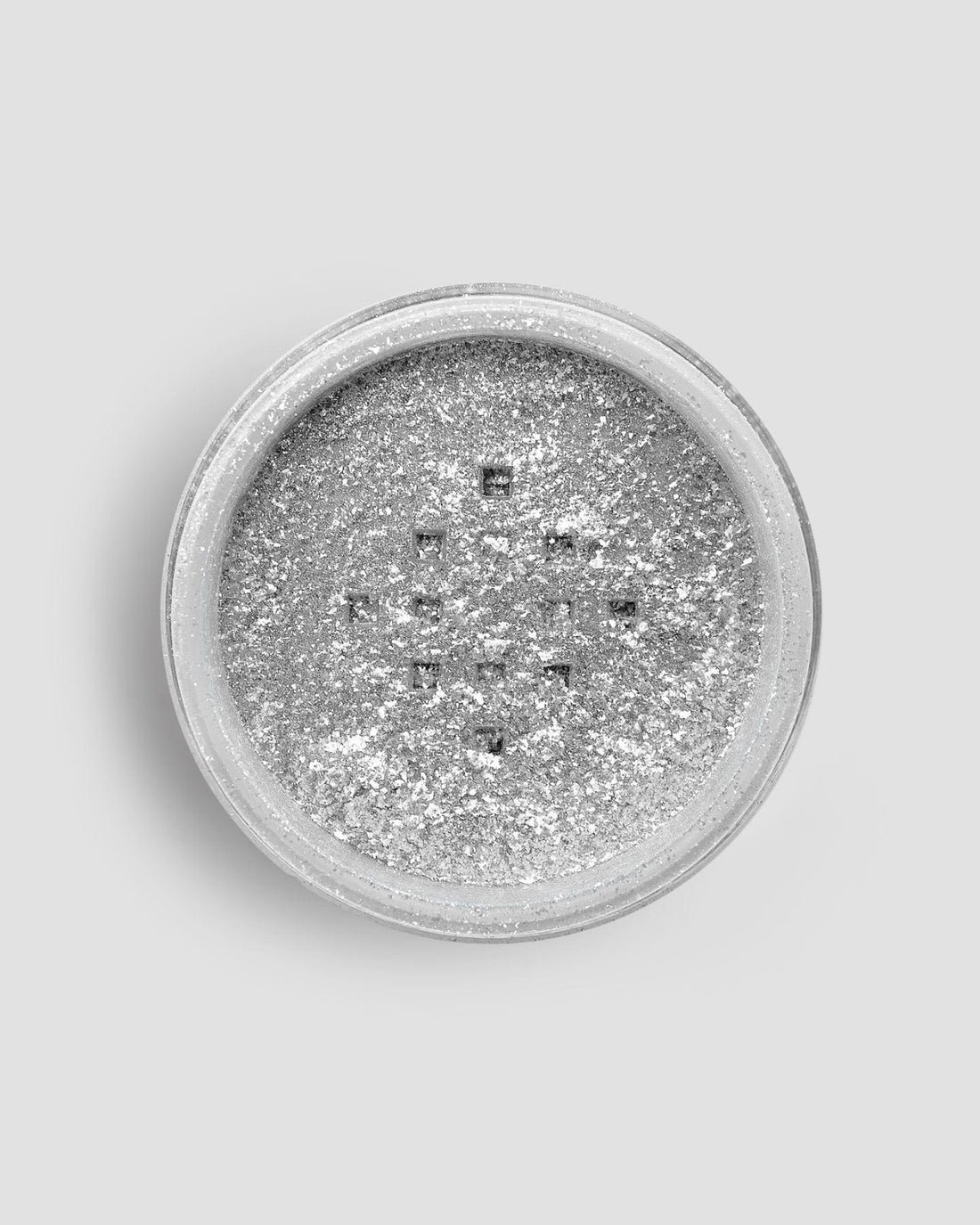 A round 5g shaker of Jenna Rae Cakes Disco Ball Edible Glitter, filled with loose, sparkling silver powder, viewed from above against a light gray background. Sold as a package of 6.