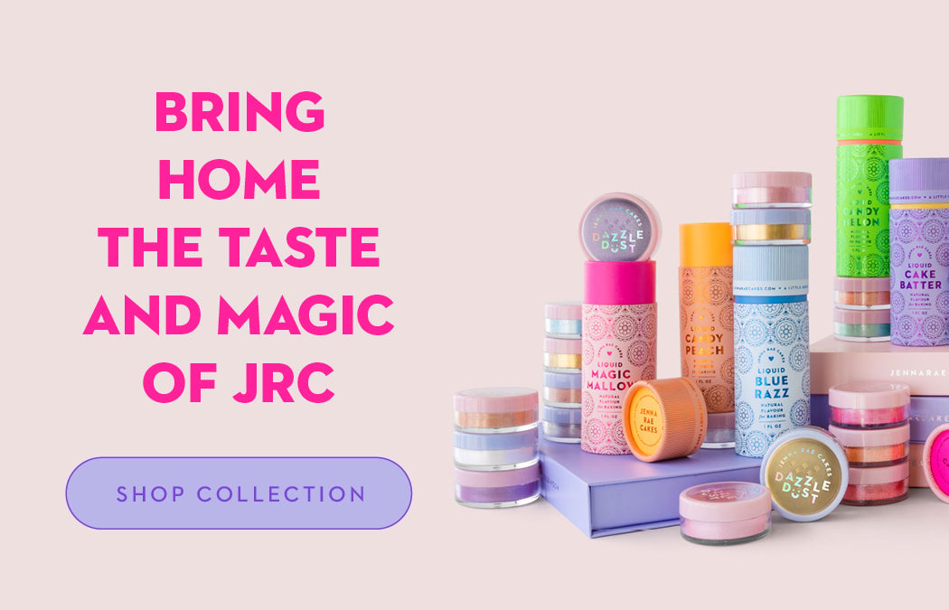 A colorful display of JRC dessert products in pastel containers is arranged on a light surface. Bold pink text reads “Bring home the taste and magic of JRC.” A purple button says, “Shop Collection.”.