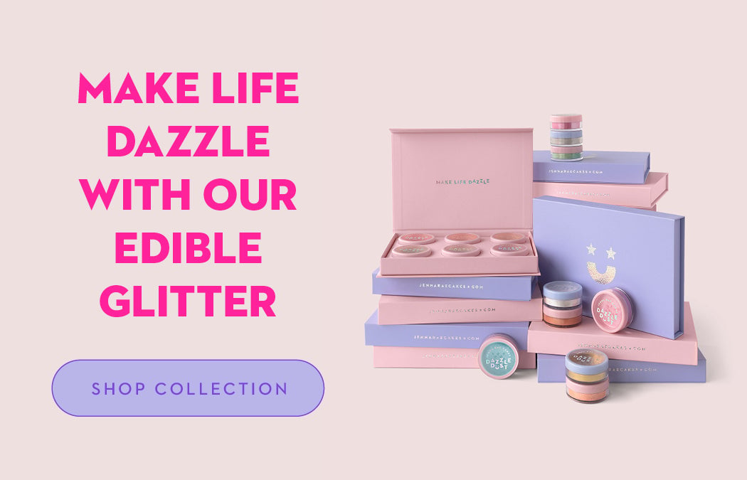 Pastel pink and purple edible glitter containers and boxes are displayed on a light background. Bold text reads, MAKE LIFE DAZZLE WITH OUR EDIBLE GLITTER. A button below says, SHOP COLLECTION.