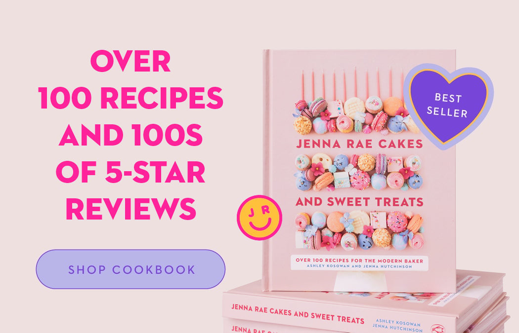 A pastel advertisement features the cookbook Jenna Rae Cakes and Sweet Treats with colorful macarons on the cover, text reading “Over 100 recipes and 100s of 5-star reviews,” and a “Best Seller” heart badge.