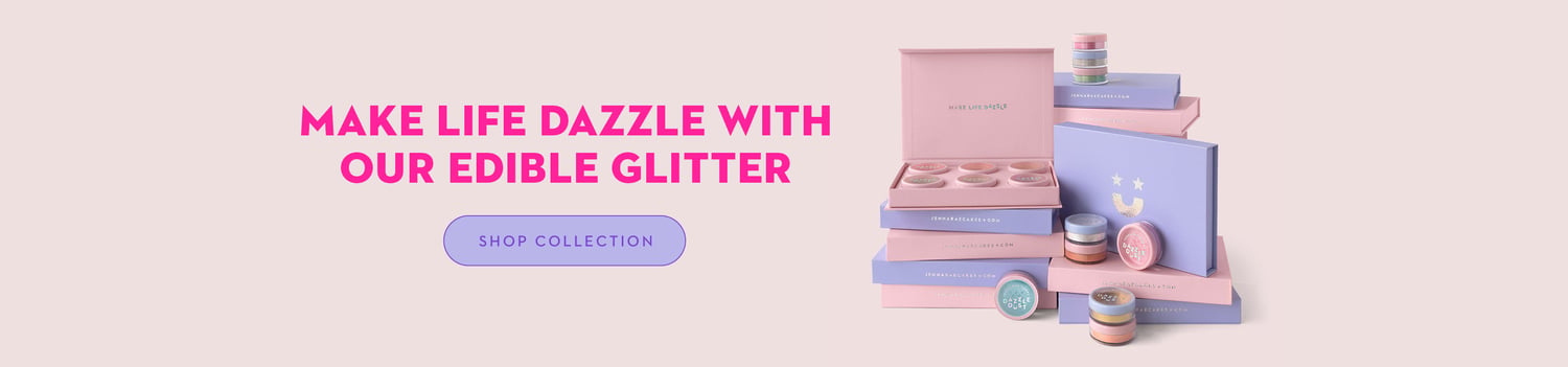 A display of pastel-colored boxes and containers of edible glitter with the text Make life dazzle with our edible glitter and a Shop Collection button on a light pink background.