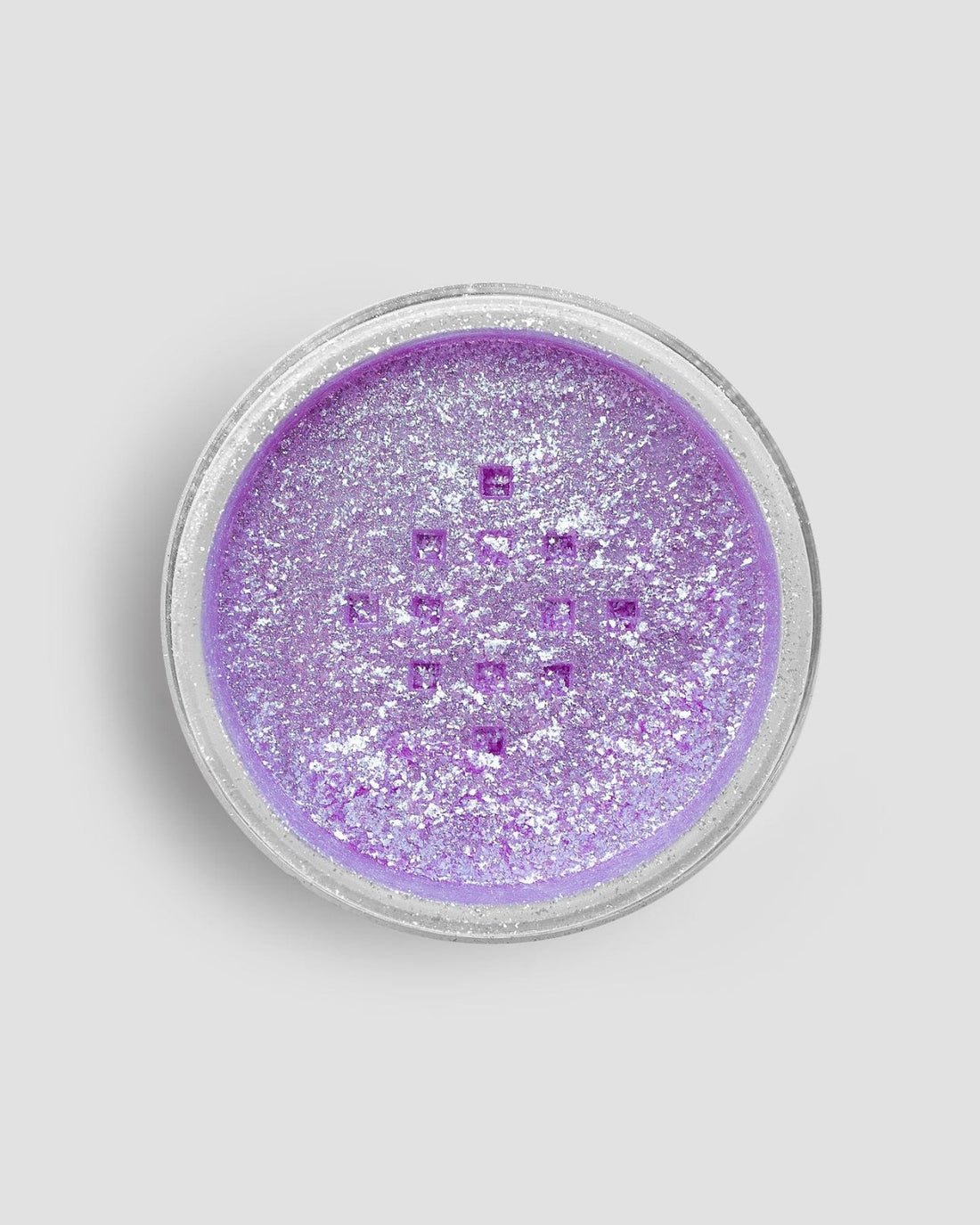 A round container of Jenna Rae Cakes Lavender Haze Edible Glitter (5g Shaker, Pack of 6) filled with shimmery light purple glitter gel, shown from above on a plain light gray background.