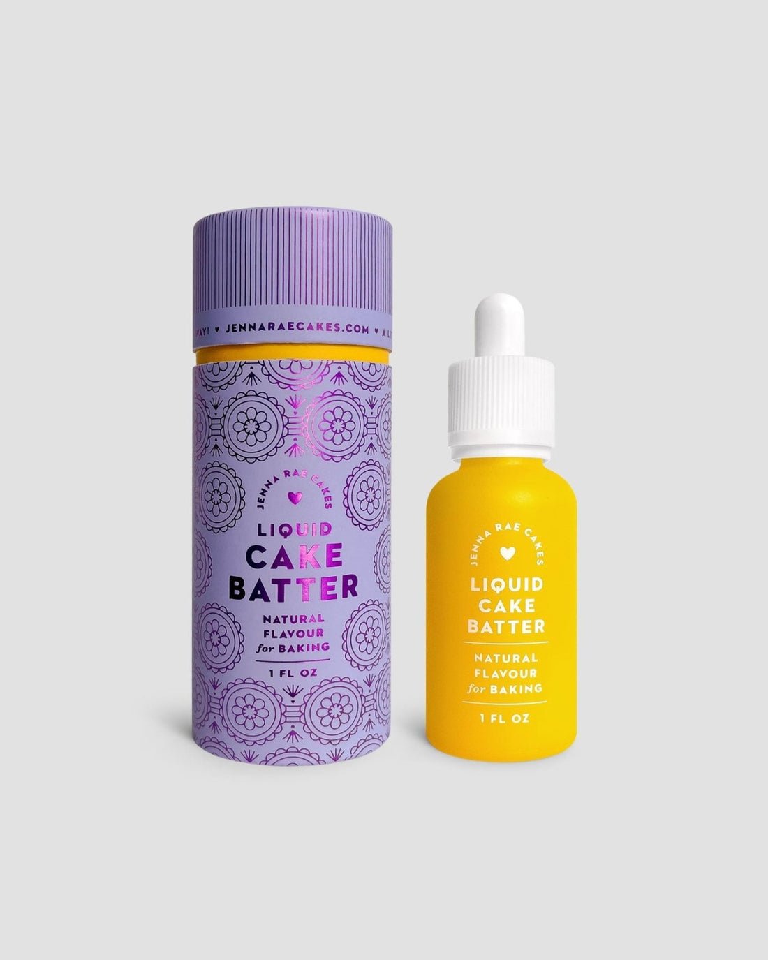 A purple cylindrical container and a yellow dropper bottle, both labeled Jenna Rae Cakes Liquid Cake Batter - Package of 6, 1 FL OZ, are displayed against a plain light gray background.