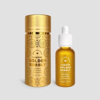 A golden cylindrical container and matching dropper bottle labeled “Liquid Golden Bubbly” from Jenna Rae Cakes are displayed side by side on a light gray background.
