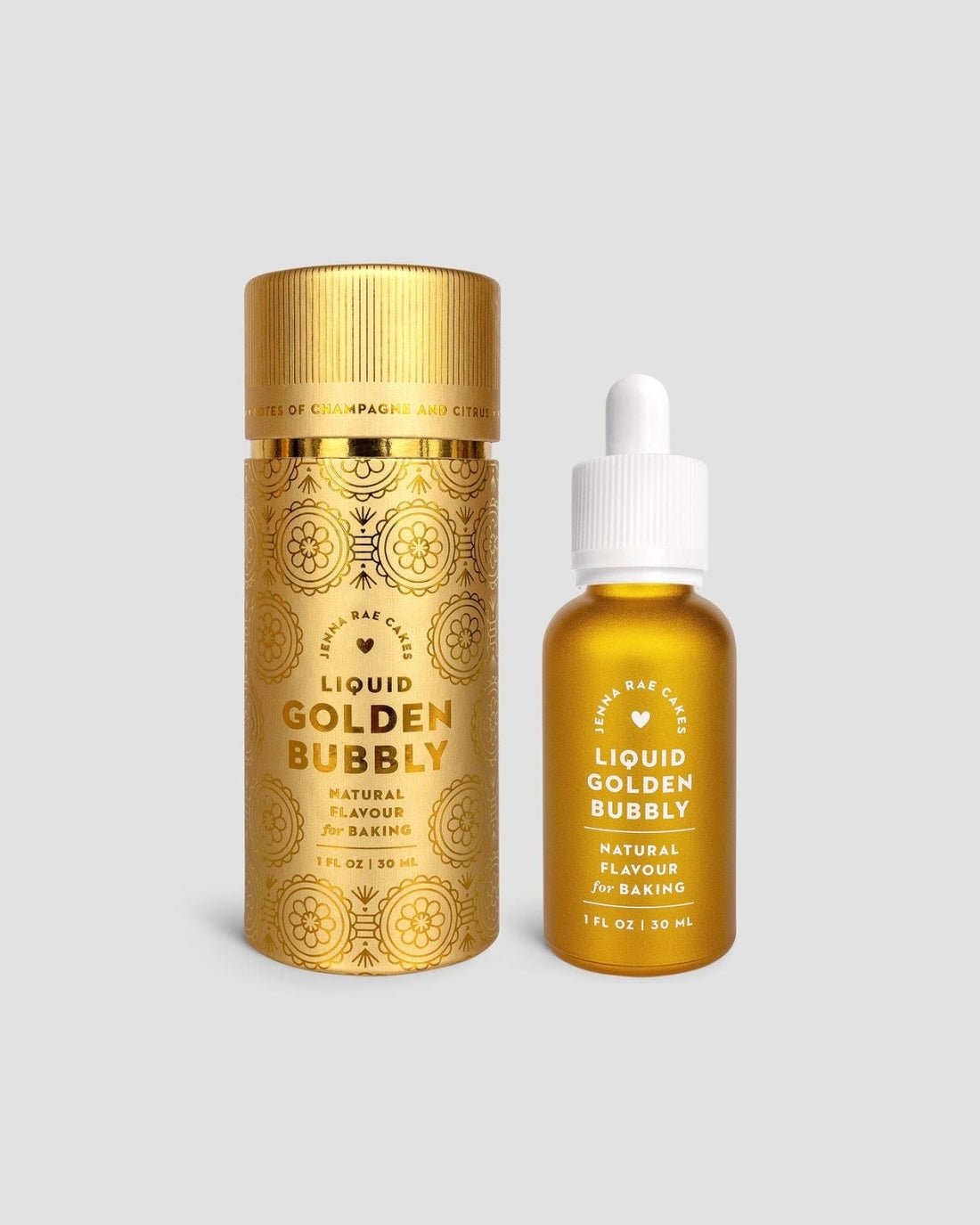 A golden cylinder and matching dropper bottle labeled Liquid Golden Bubbly - Package of 6 by Jenna Rae Cakes are shown against a light gray background.
