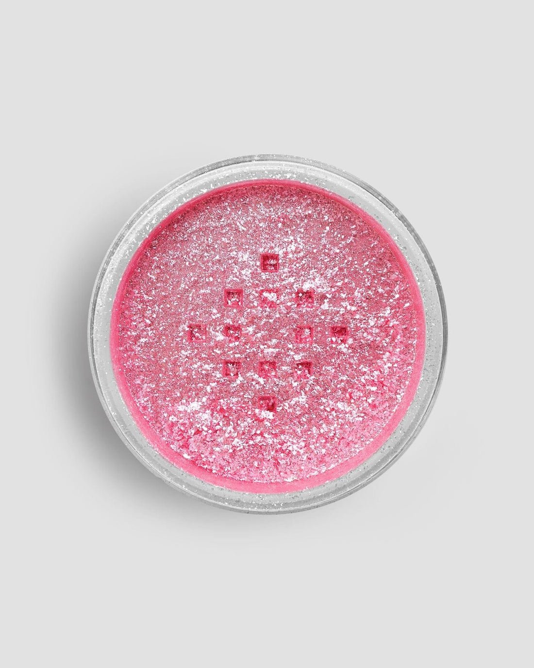 A round container of Jenna Rae Cakes Lollipop Edible Glitter (5g Shaker, Pack of 6) filled with shimmery pink glitter is seen from above against a plain light gray background.