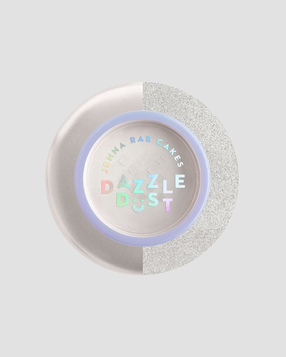 A round container of Jenna Rae Cakes Pearl Edible Lustre Dust - 5g Shaker (Pack of 6) with holographic text, a lid split into matte and glittery silver halves, set against a light gray background.