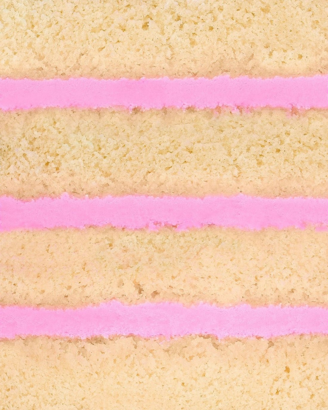 Close-up of the Reveal Works Cake by Shop Jenna Rae Cakes, featuring three layers of light yellow sponge with bright pink frosting between each layer, highlighting the cakes texture and vibrant colors.
