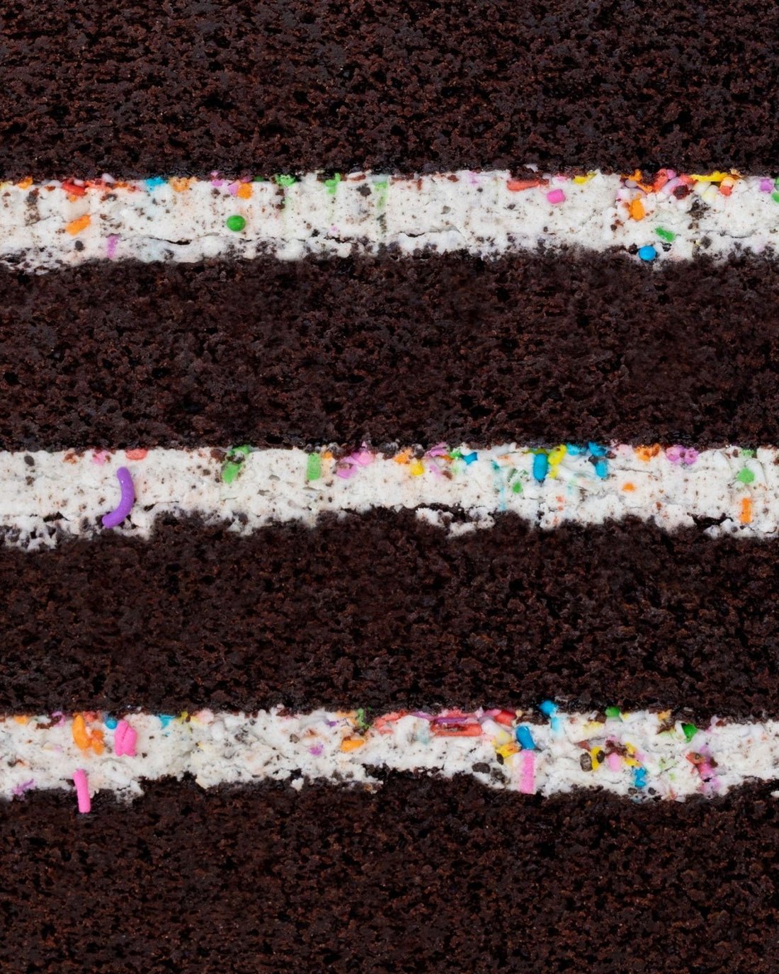 Close-up of the Birthday Oreo Cake by Jenna Rae Cakes, featuring moist chocolate layers, creamy white frosting, and colorful sprinkles between each layer for added texture and fun.