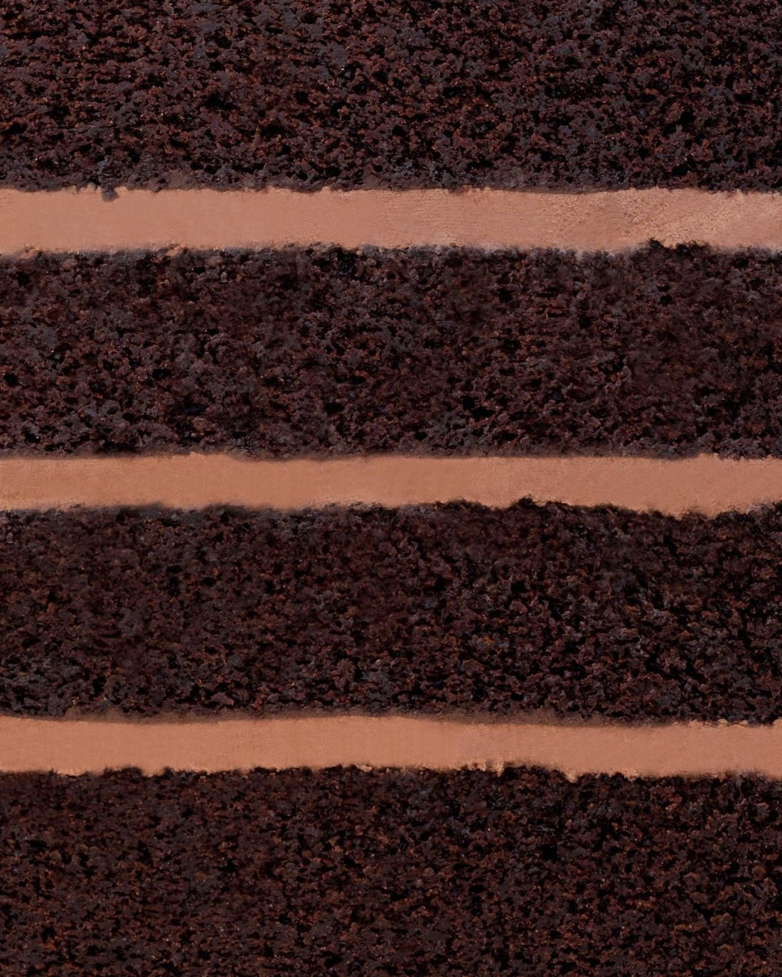 Close-up of a slice of Jenna Rae Cakes’ Chocolate Lovers Cake, featuring four thick layers of moist chocolate cake separated by smooth chocolate frosting.
