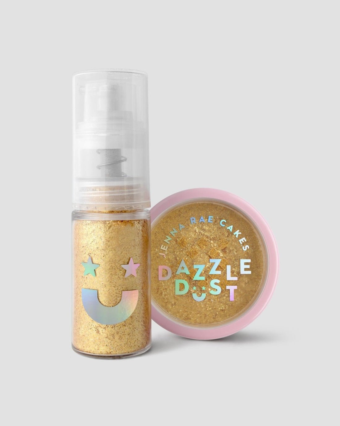A clear pump bottle and a round container with a pink lid, both labeled Jenna Rae Cakes Dazzle Dust Pump and Funnel, filled with gold shimmer powder, are displayed against a plain light gray background.