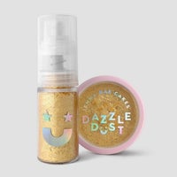 A clear pump bottle and a round container with a pink lid, both labeled Jenna Rae Cakes Dazzle Dust Pump and Funnel, filled with gold shimmer powder, are displayed against a plain light gray background.