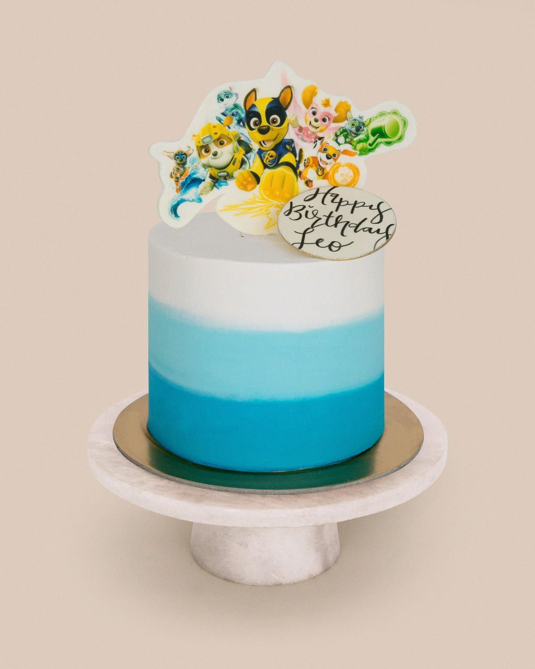 A custom blue ombre “Design Your Own Cake” by Jenna Rae Cakes sits on a marble stand, topped with cartoon animals and a “Happy Birthday Leo” topper.