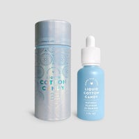 A blue and white dropper bottle labeled “Liquid Cotton Candy” from Jenna Rae Cakes stands beside a matching cylindrical container on a light gray background.