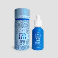 A blue cylindrical container and a matching blue dropper bottle of Jenna Rae Cakes Liquid Blue Razz are displayed side by side on a plain gray background.