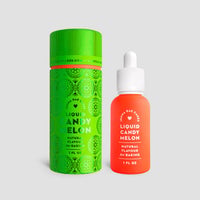 A bright green cylindrical container and an orange dropper bottle, both labeled Jenna Rae Cakes Liquid Candy Melon Natural Flavour for Baking, 1 FL OZ, are displayed on a light gray background.