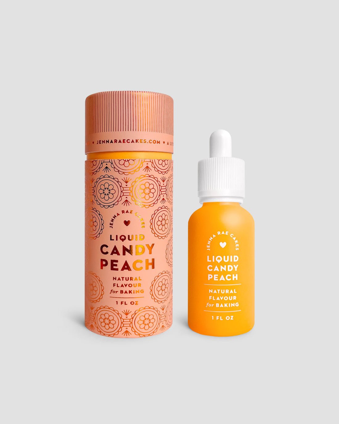 A peach tube and a dropper bottle labeled Jenna Rae Cakes Liquid Candy Peach sit against a light gray background, both adorned with decorative patterns.