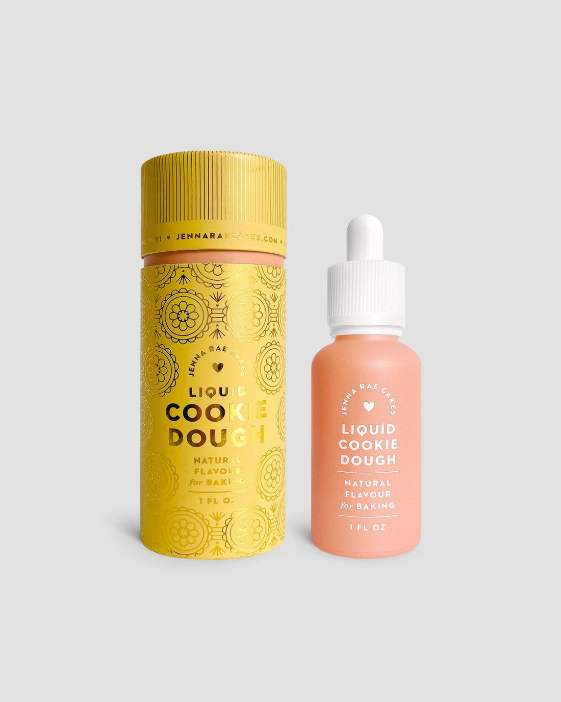 A yellow cylindrical container and a small pink dropper bottle, both labeled Jenna Rae Cakes Liquid Cookie Dough, are displayed side by side against a plain gray background.