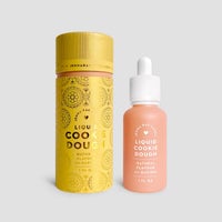 A yellow cylindrical container and a small pink dropper bottle, both labeled Jenna Rae Cakes Liquid Cookie Dough, are displayed side by side against a plain gray background.
