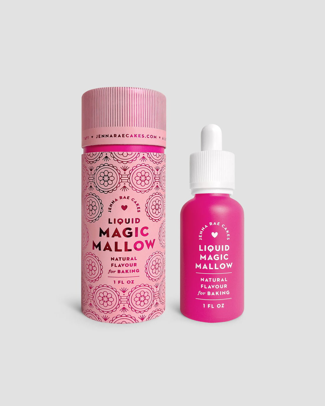 A light gray background features a pink container and a matching dropper bottle labeled Liquid Magic Mallow by Jenna Rae Cakes, natural baking flavour.